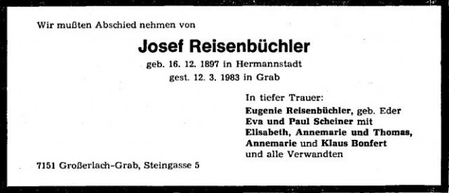 Reisenbuechler Josef 1897-1983 Todesanzeige (Annemarie Klaus Bonfert)